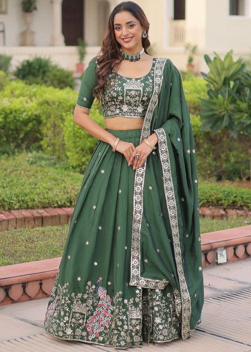 Green Art Silk Lehenga Choli With Peacock Motifs