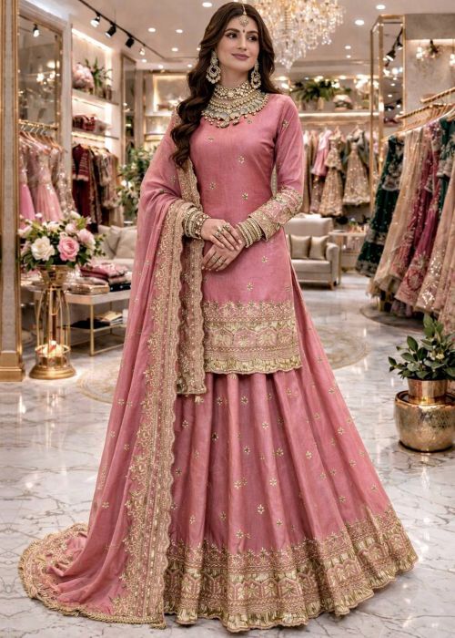 Dusty Pink Art Silk Kurti Lehenga Set With Zari