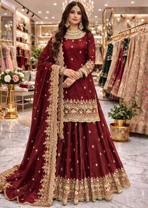Maroon Art Silk Kurti Lehenga Set With Sequins Work