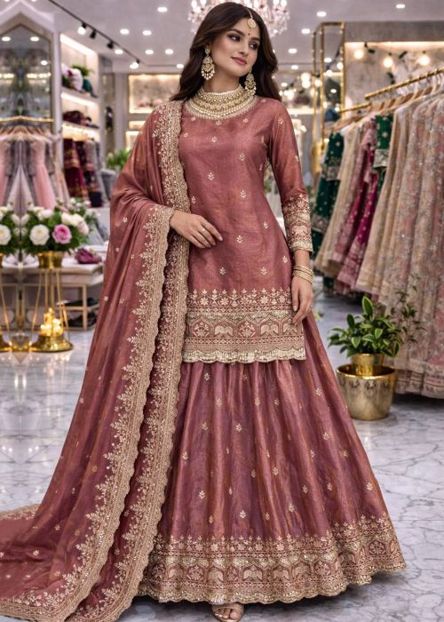 Mauve Pink Kurti Lehenga Set With Sequin Accent