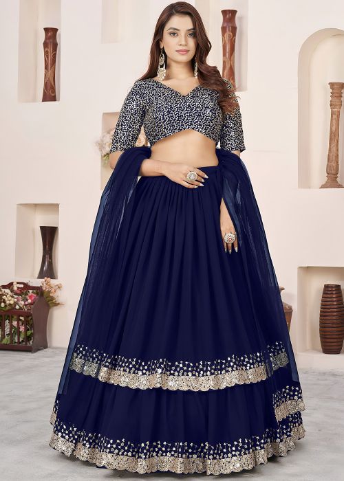 Navy Blue Georgette Lehenga Set With Shimmer Sequins