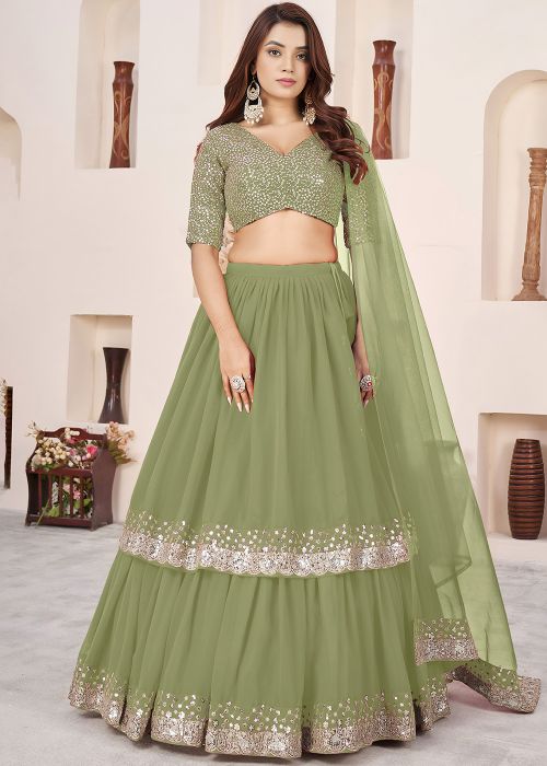 Green Georgette Lehenga Set With Zari Work