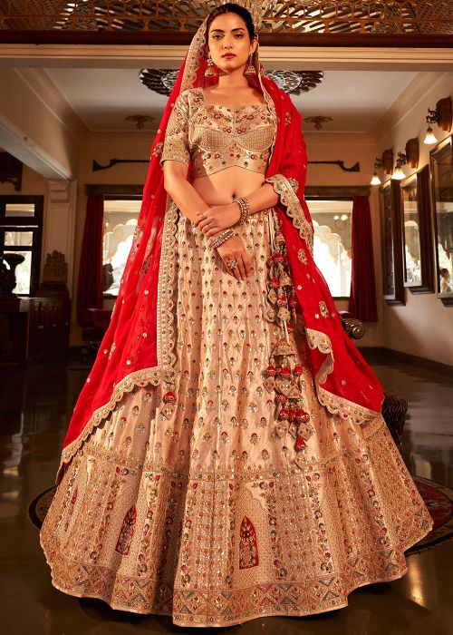 Beige Satin Bridal Lehenga Choli With Zari Embroidery