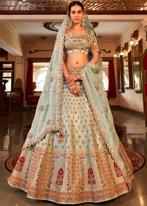 Blue Satin Bridal Lehenga Choli With Zari Work