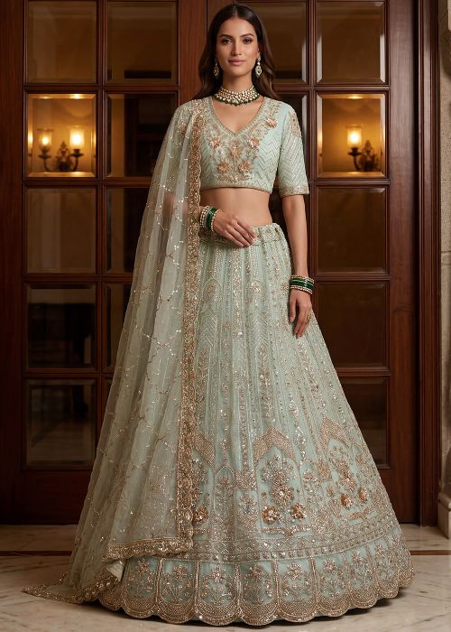 Powder Blue Net Lehenga Choli With Zari Embroidery