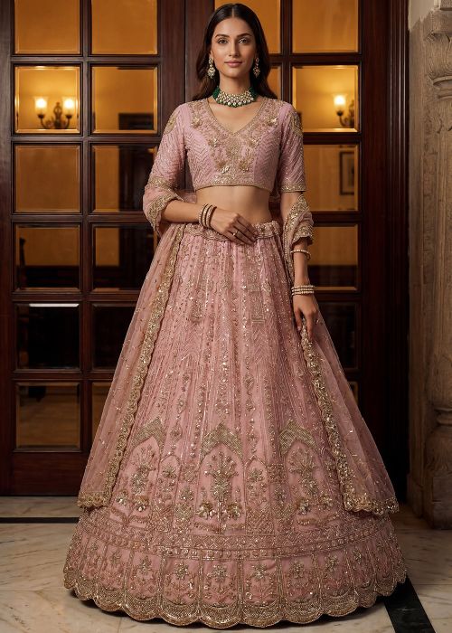 Blush Pink Net Lehenga Set With Zari Embroidery
