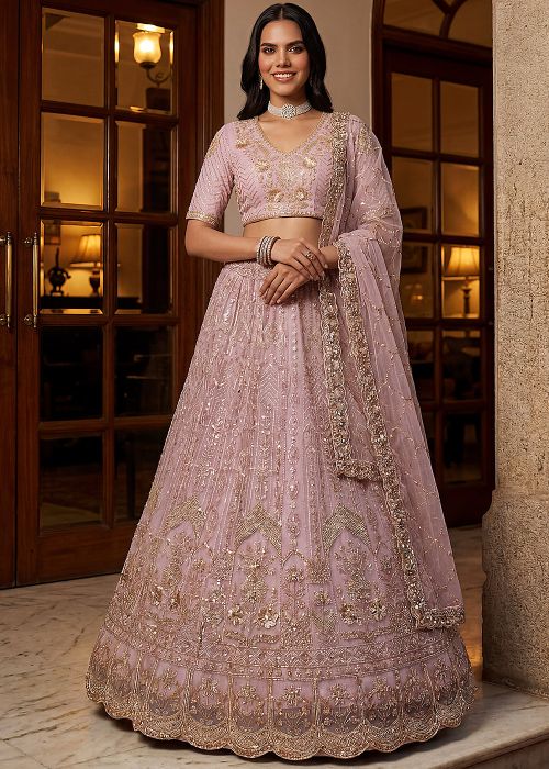 Mauve Purple Net Lehenga Choli With Zari Accent