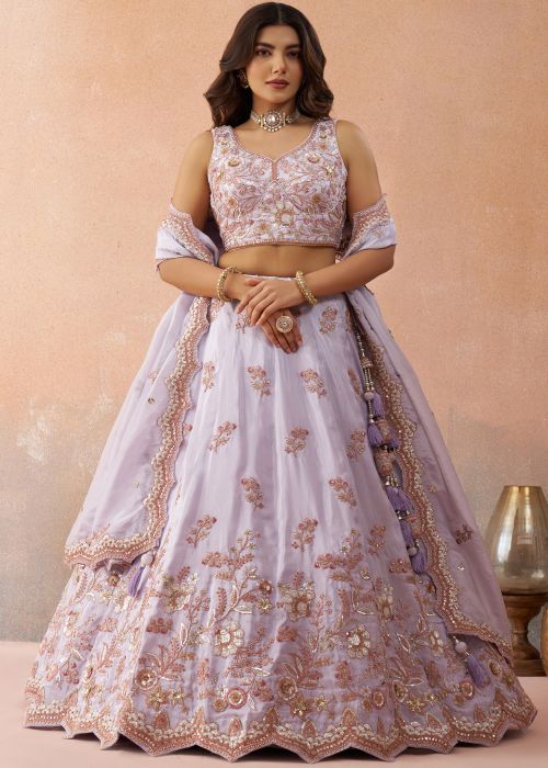 Lavender Tissue Lehenga Choli With Floral Work