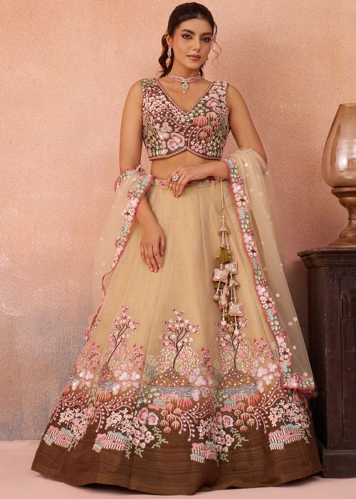 Cream Net Lehenga Choli With Border Embroidery
