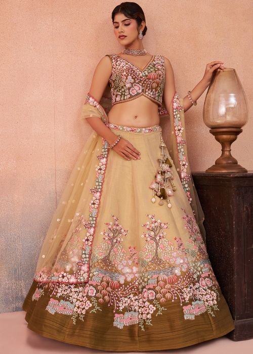 Cream Net Lehenga Choli With Floral Thread Work