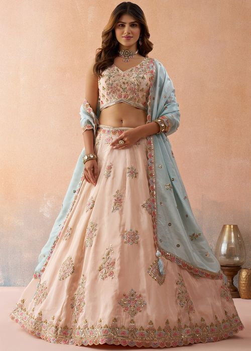 Peach Tissue Lehenga Choli With Floral Dori Embroidery