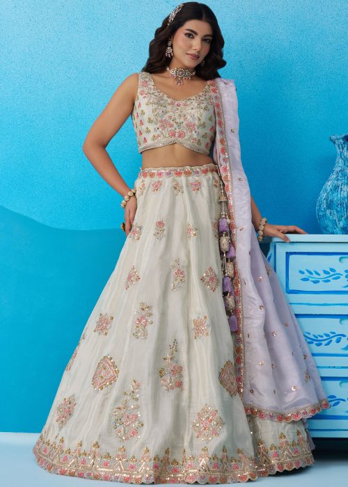 Pastel Green Lehenga Choli With Floral Embroidery