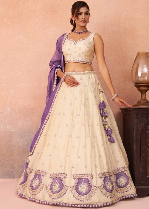 Beige Jacquard Lehenga Choli With Purple Border