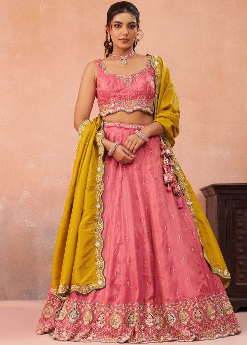 Coral Pink Silk Lehenga Choli With Mustard Dupatta