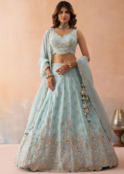 Sky Blue Tissue Lehenga Choli With Floral Embroidery