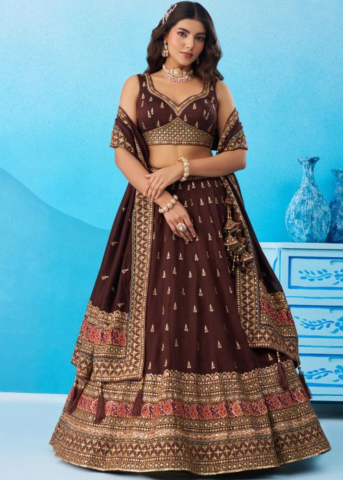 Brown Chiffon Lehenga Choli With Zari Border