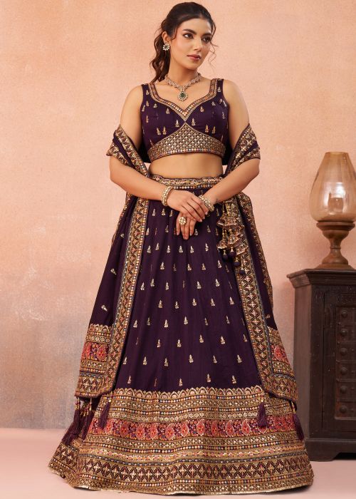 Purple Chiffon Lehenga Choli With Border Work