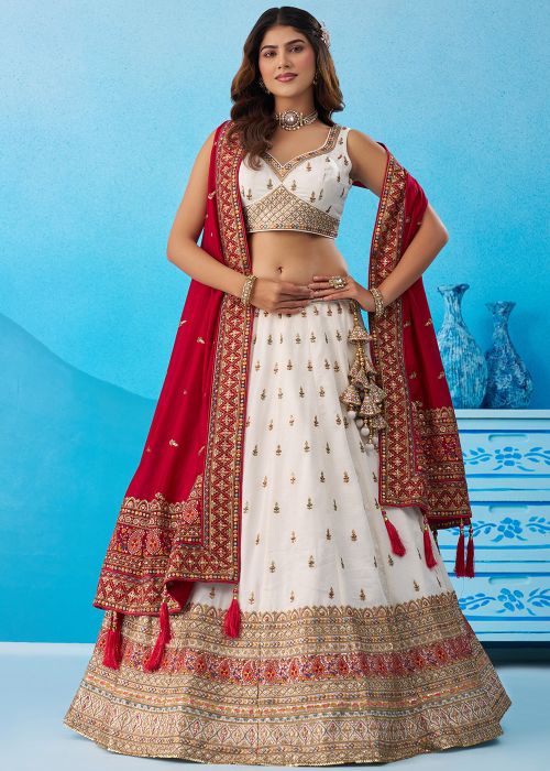Cream Chiffon Lehenga Choli With Dupatta