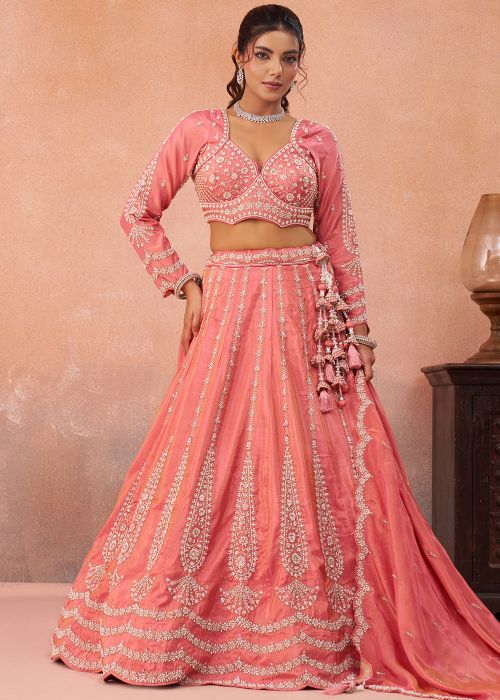 Peach Tissue Lehenga Choli With Beads Embroidery