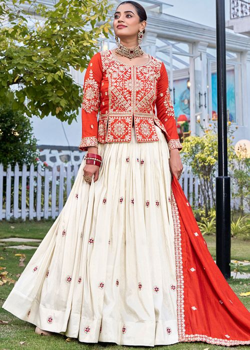 Orange Art Silk Kurti Style Lehenga With Dori Work