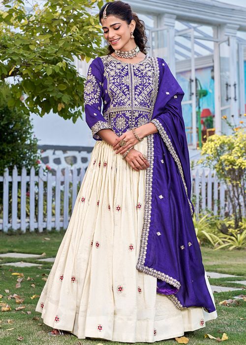 Purple Art Silk Kurti Lehenga With Thread Embroidery
