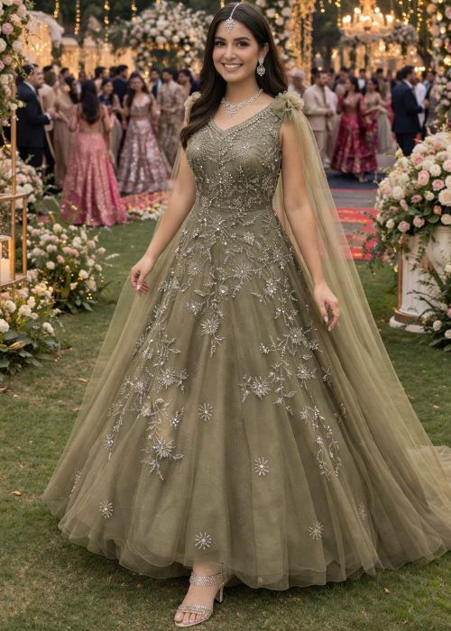 Green Net Indo Western Embellished Gown With Cape