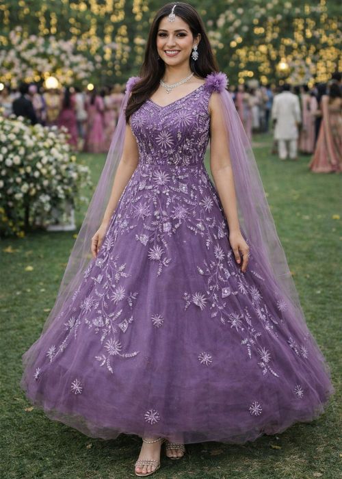 Lavender Net Cape style Gown With Sequins Work