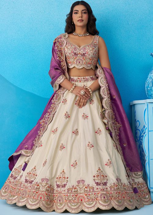 Cream Tissue Lehenga Choli With Purple Work