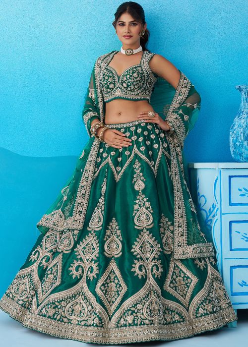 Teal Green Silk Lehenga Choli With Dori Embroidery