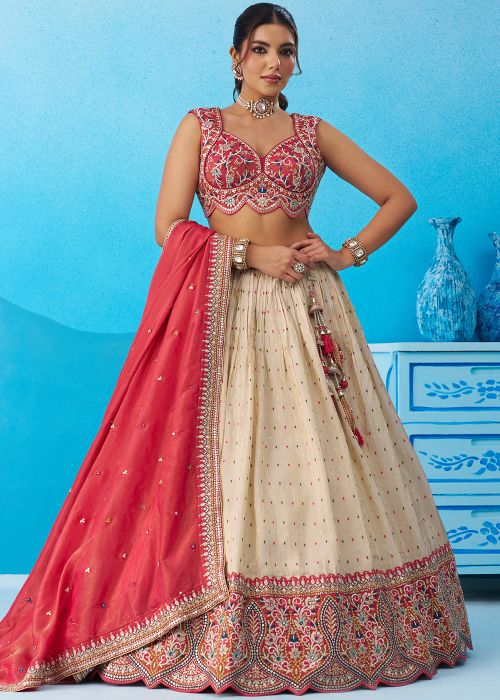 Cream Jacquard Lehenga Choli With Red Embroidery