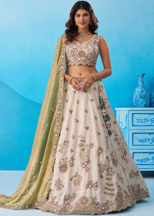 Cream Tissue Lehenga Choli With Rama Dupatta