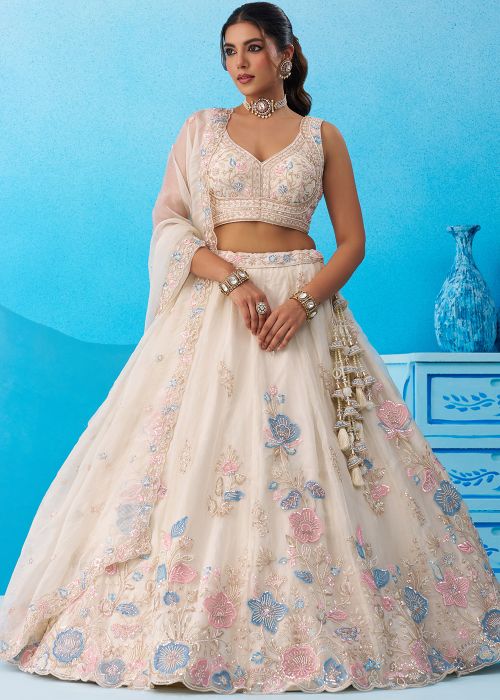Cream Tissue Lehenga Choli With Pastel Embroidery