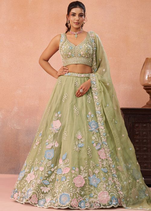 Pista Green Tissue Lehenga Choli With Floral Work
