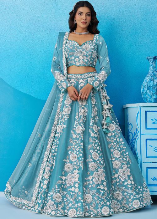 Blue Tissue Lehenga Choli With Floral Work