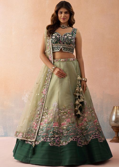 Green Net Lehenga Choli With Scenic Work