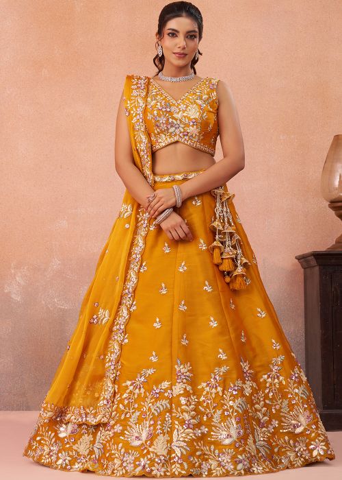 Orange Tissue Lehenga Choli With Floral Embroidery