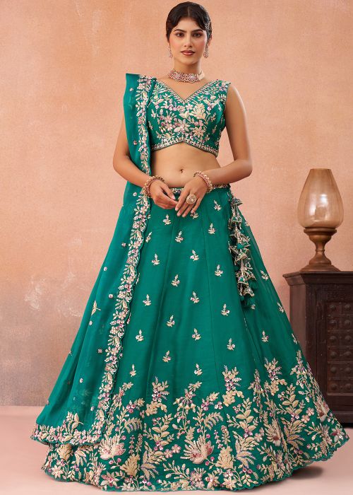 Green Tissue Lehenga Choli With Floral Work