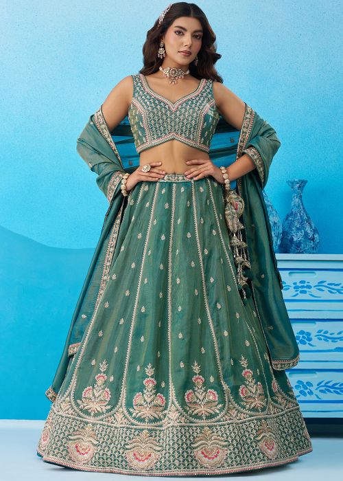 Teal Blue Tissue Lehenga Choli With Thread Work