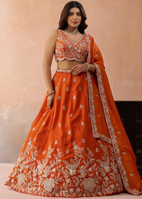Orange Tissue Lehenga Choli With Floral Border