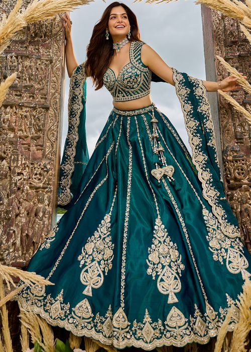 Teal Blue Lehenga Choli With Thread Work