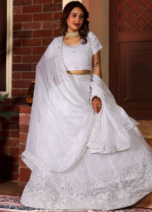 White Art Silk Lehenga Choli With Thread Embroidery