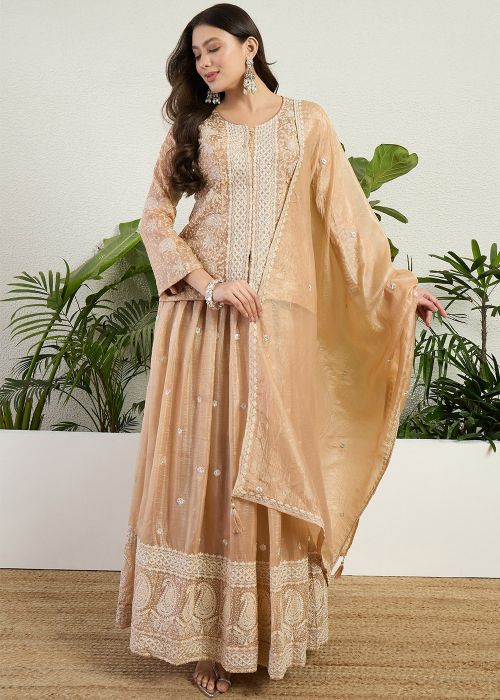 Beige Chiffon Kurti Lehenga With Thread Embroidery
