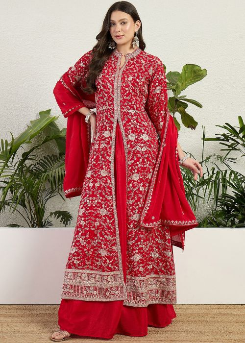 Red Chiffon Kurti Lehenga With Thread Work
