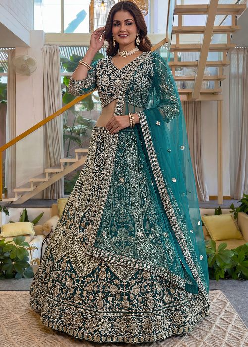Teal Blue Net Lehenga Choli With Thread Work
