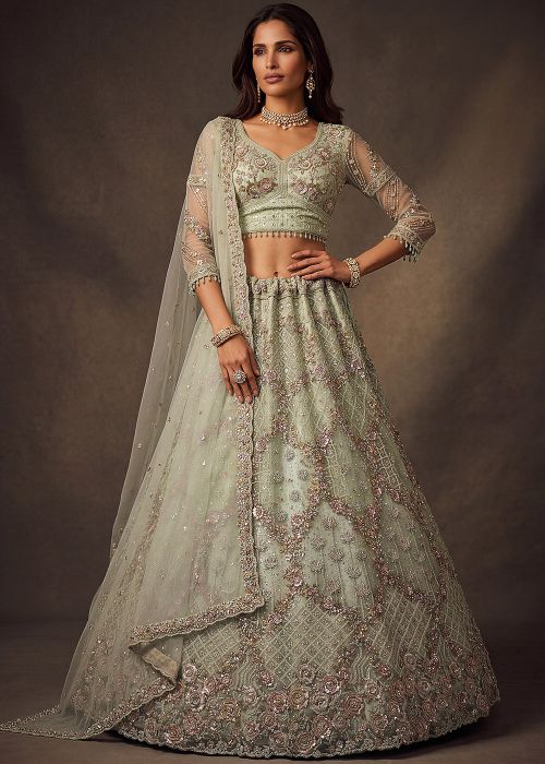 Mint Green Net Lehenga Choli With Floral Embroidery