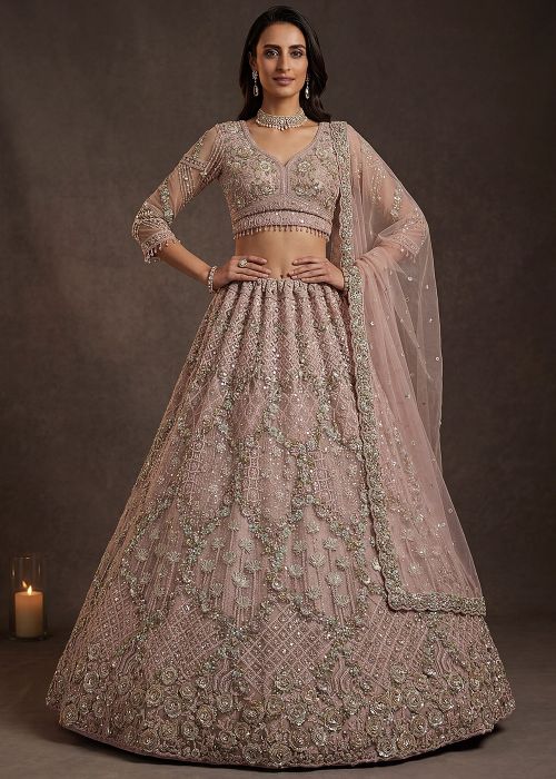 Pink Net Lehenga Choli With Zari Embroidery