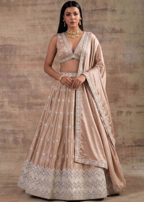 Cream Satin Lehenga Choli With Zari Embroidery