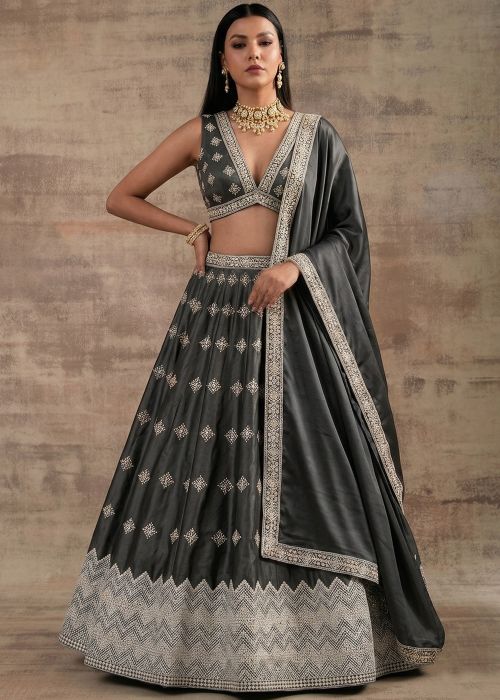 Grey Satin Lehenga Choli With Silver Embroidery