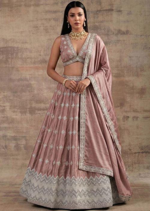 Dusty Pink Satin Lehenga Choli With Thread Work