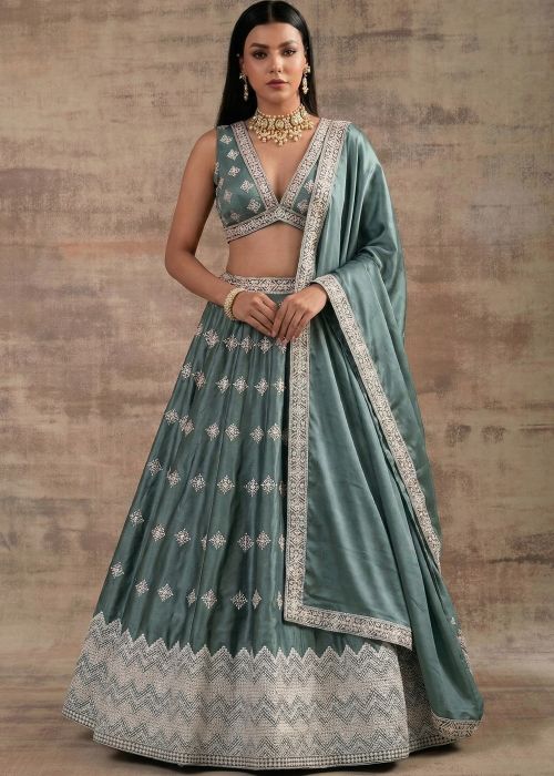 Sage Green Satin Lehenga Choli With Zari Work